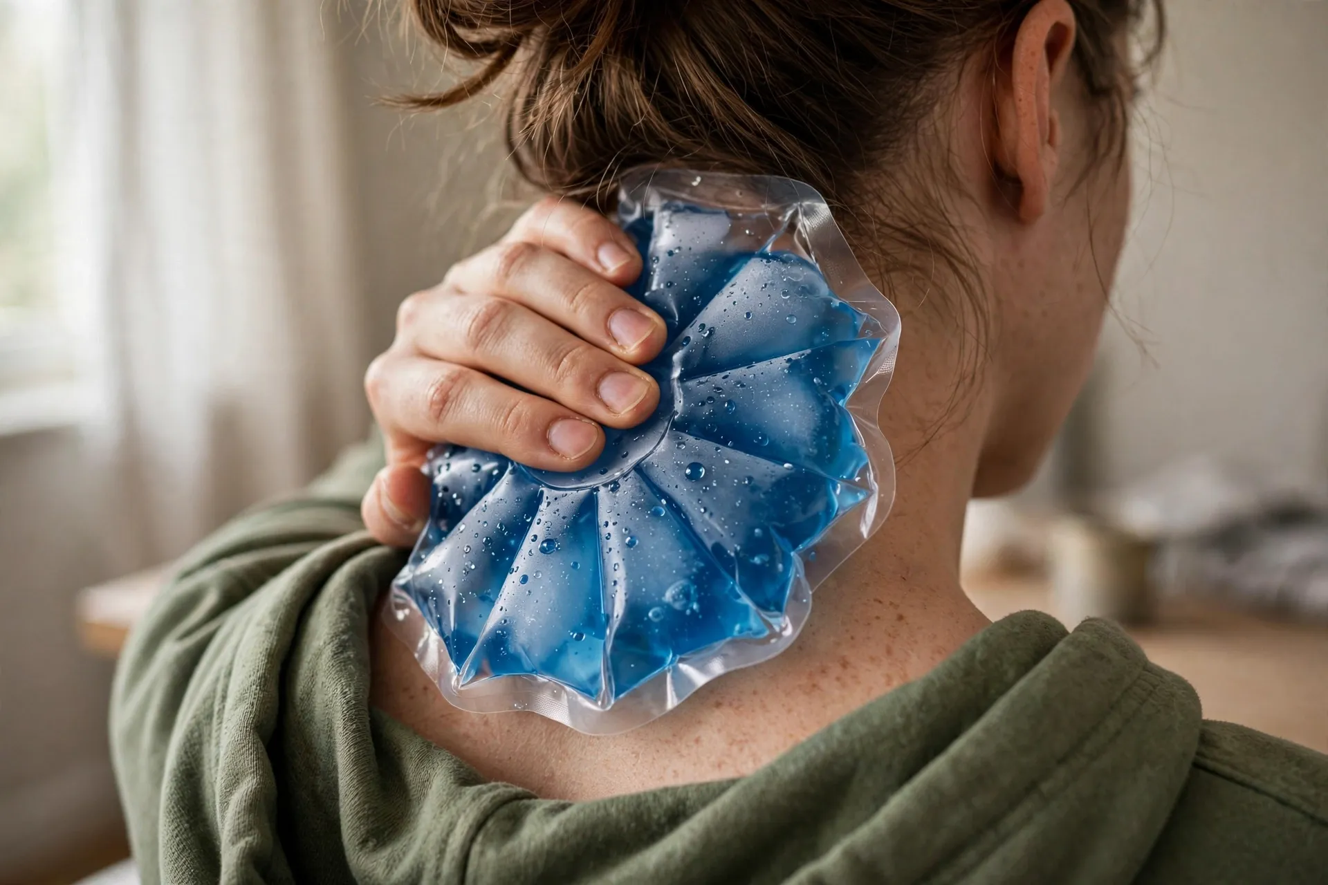 Person applying a cool compress to the head for migraine relief