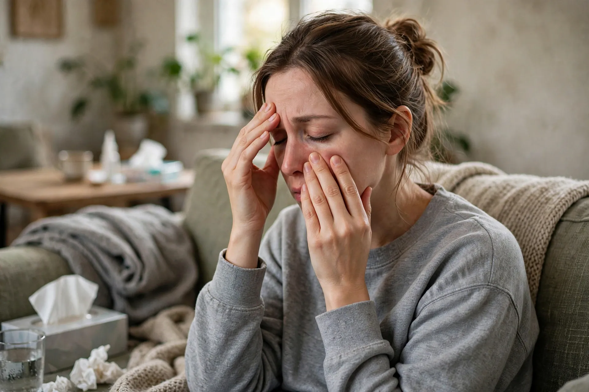 Person with sinus pain holding their forehead with a fever