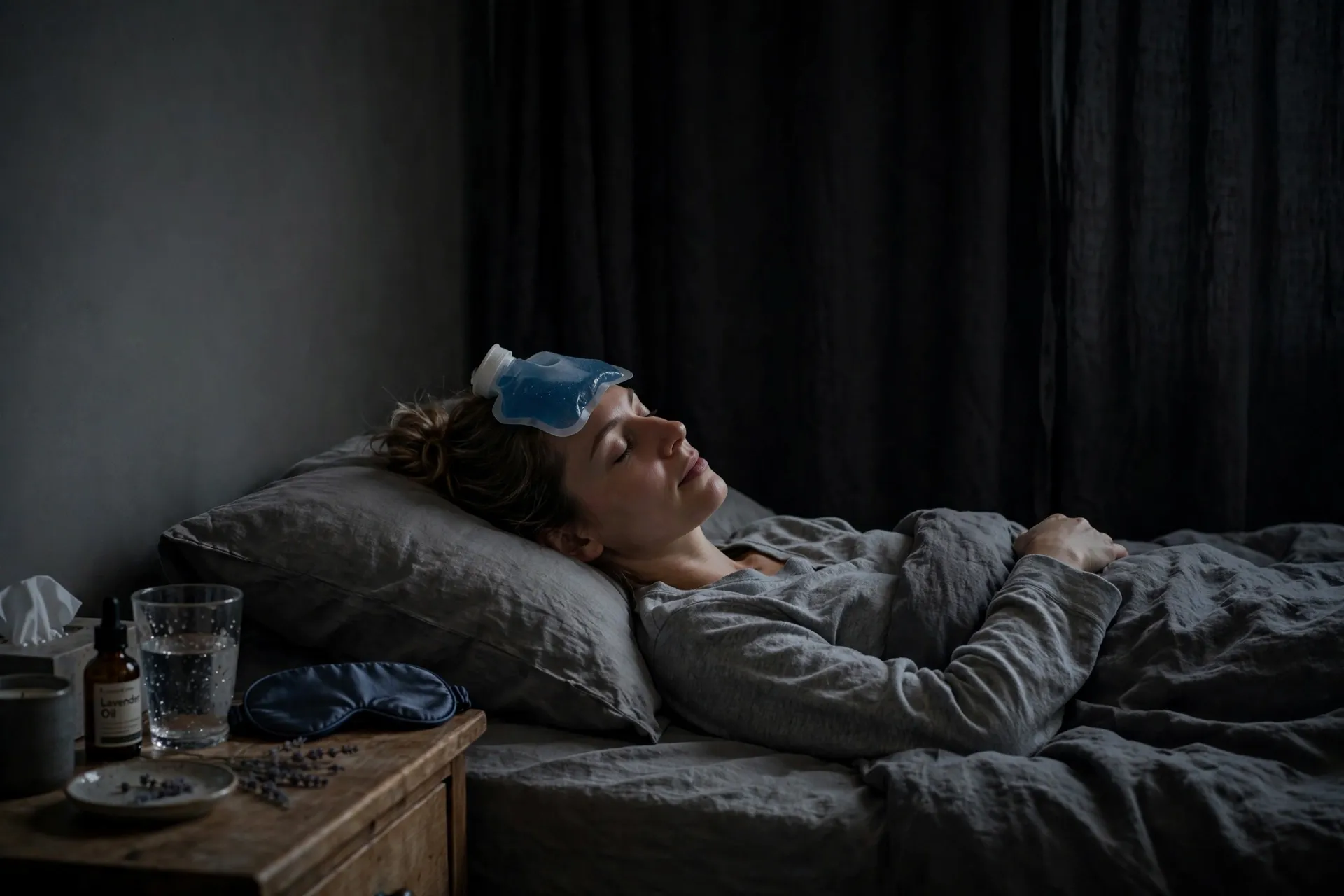 Person resting in a dark quiet room during a migraine attack