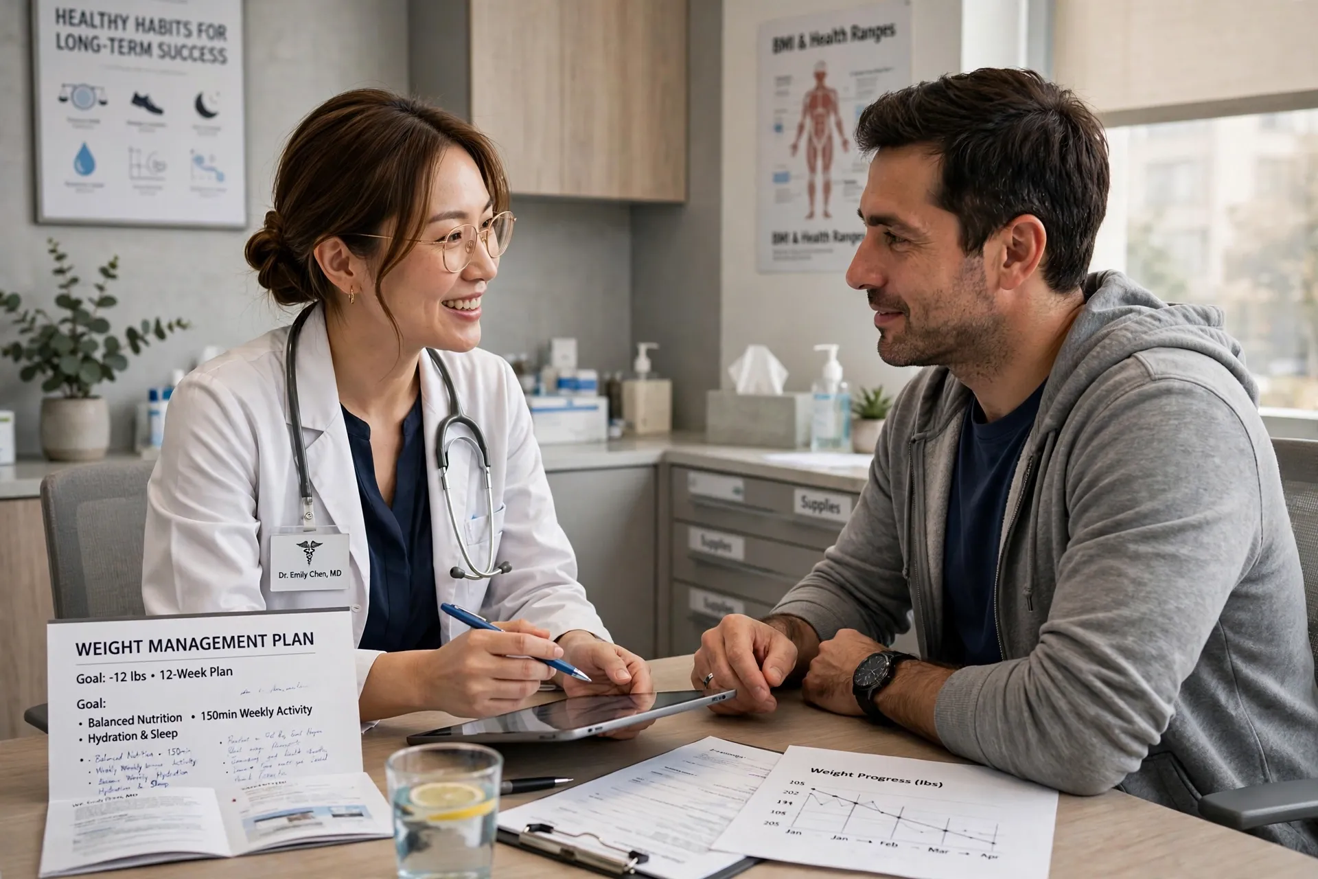 Doctor consulting with patient about obesity symptoms and weight management