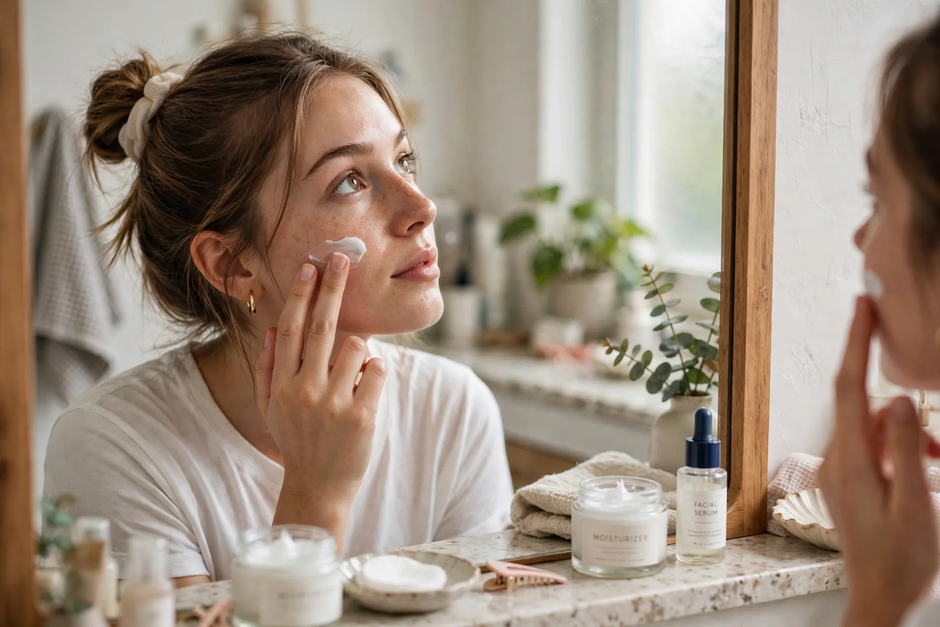 Daily skincare routine products for managing acne breakouts on a bathroom counter